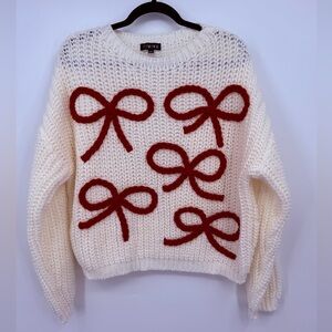 Timing Cream Knit Sweater with Red Bow Detail – Size L